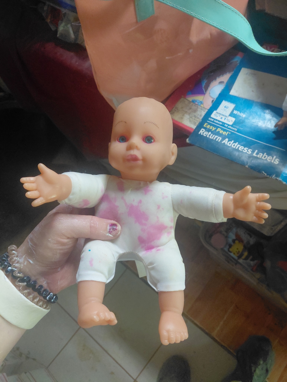 blue eyed uneeda baby doll vinyl  pink and white tye dye shirt